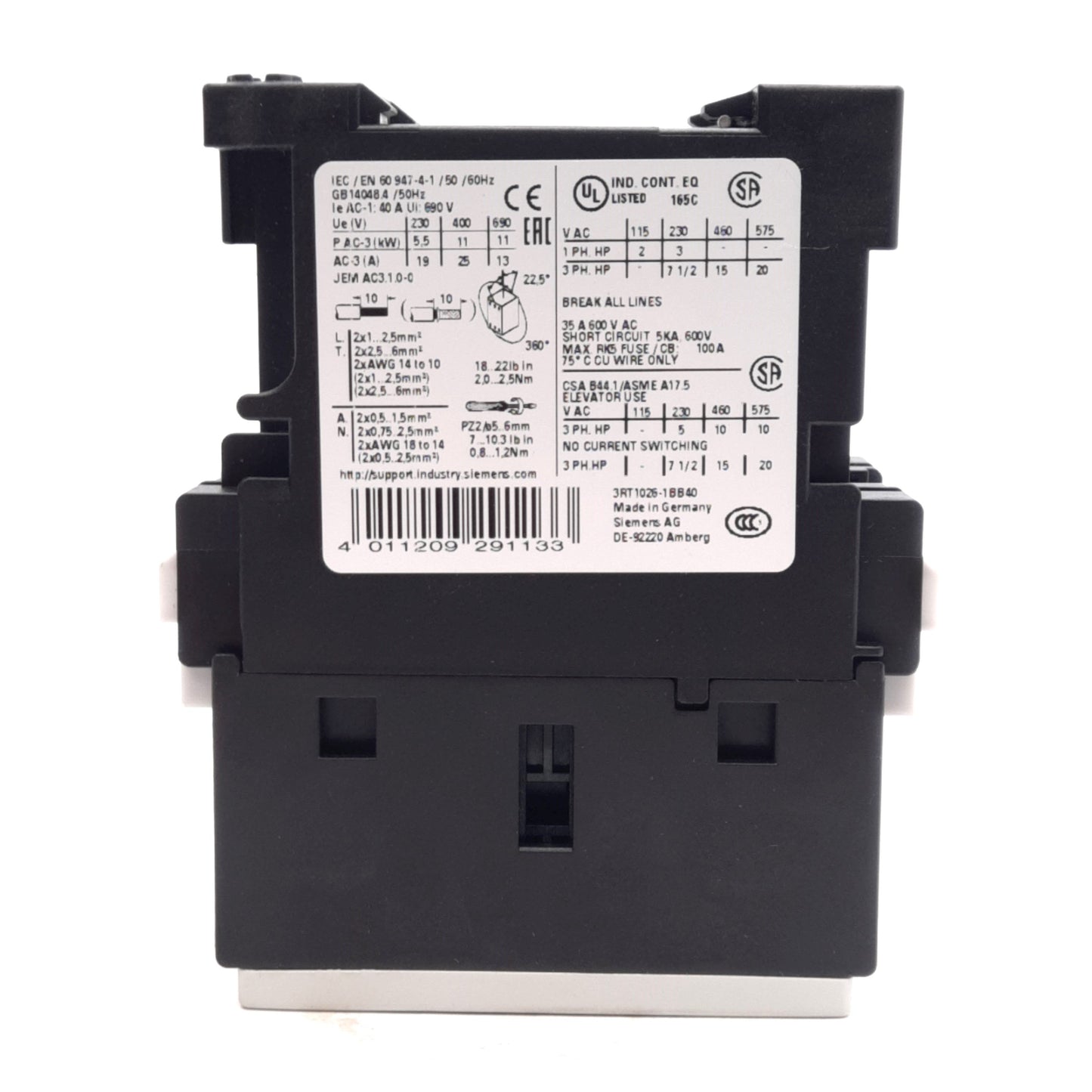New Siemens 3RT1026-1BB40 Contactor, 3-Pole, 400VAC 25A, 11kW, 24VDC Coil, DIN Rail