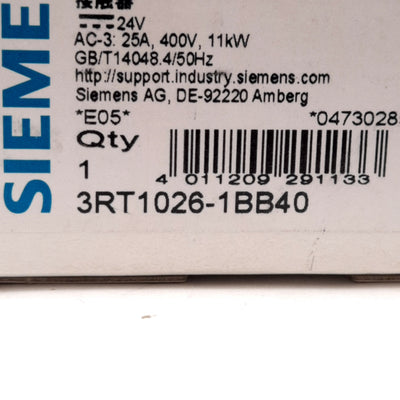 New Siemens 3RT1026-1BB40 Contactor, 3-Pole, 400VAC 25A, 11kW, 24VDC Coil, DIN Rail