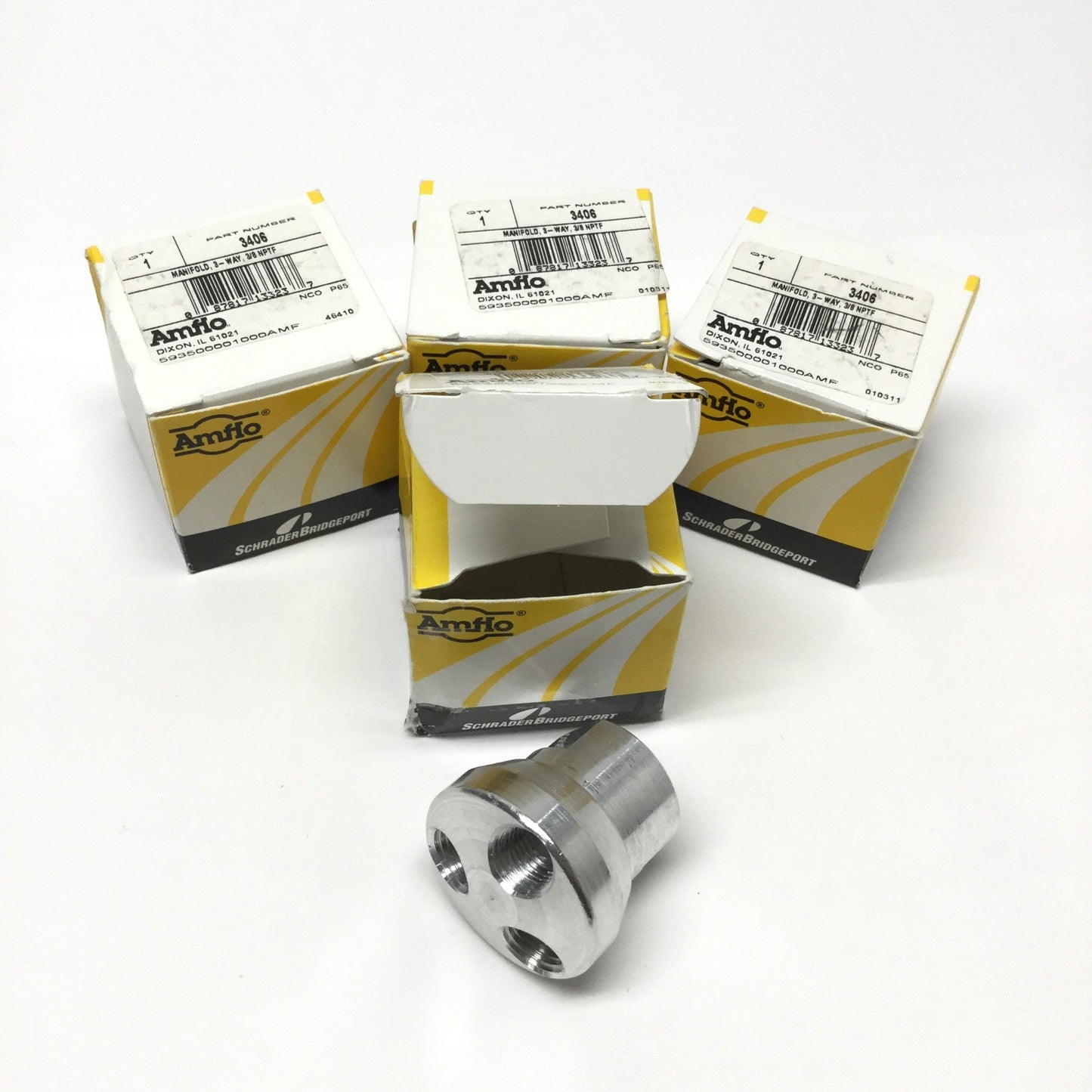 New – Open box Lot of 4 Amflo 3406 3-Way Air Tool Hose Manifolds 3/8" NPT In x 1/4" NPT Out