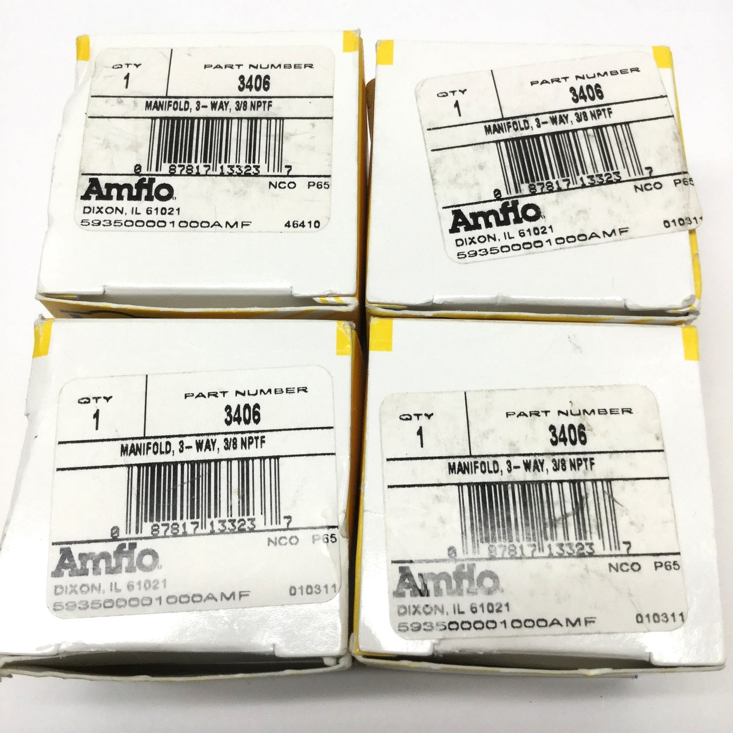 New – Open box Lot of 4 Amflo 3406 3-Way Air Tool Hose Manifolds 3/8" NPT In x 1/4" NPT Out