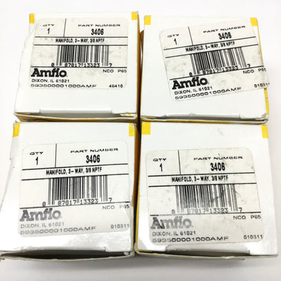 New – Open box Lot of 4 Amflo 3406 3-Way Air Tool Hose Manifolds 3/8" NPT In x 1/4" NPT Out