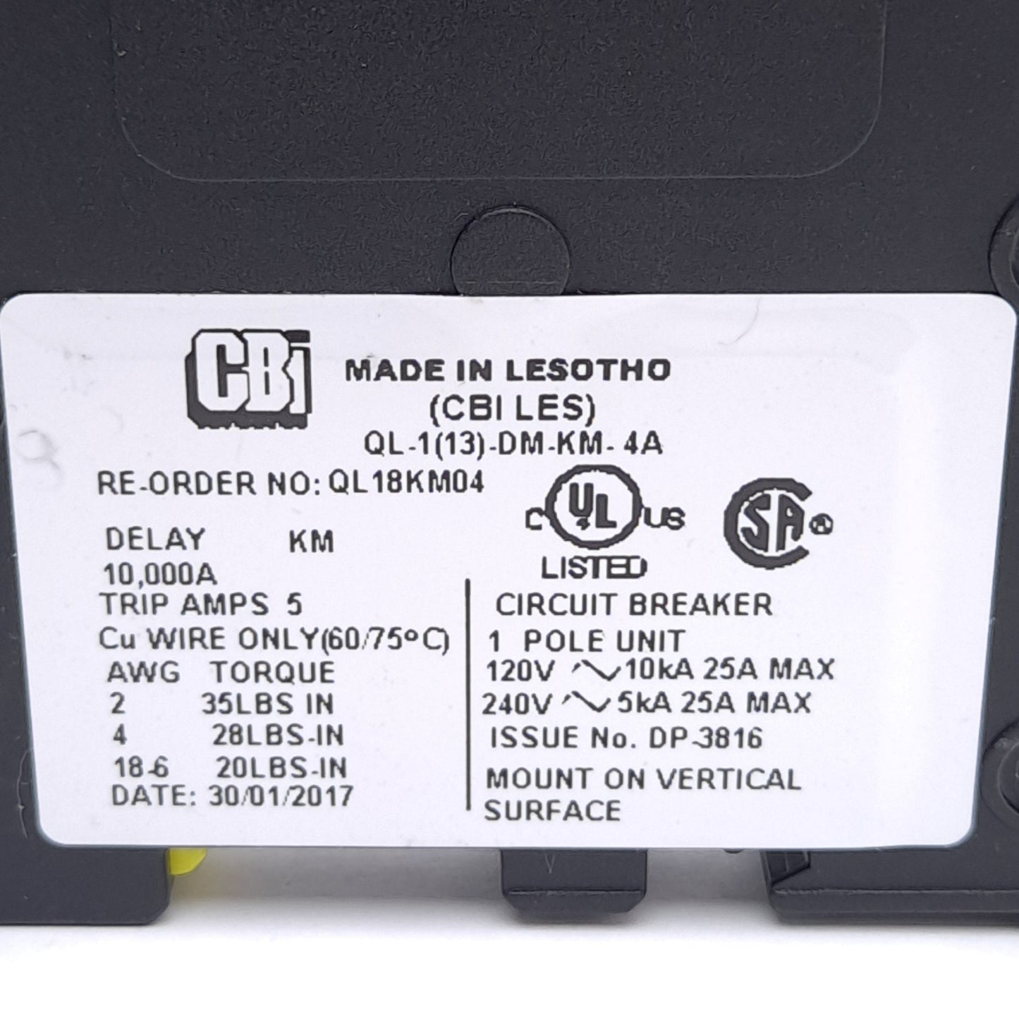 New – Open box CBI QL-1(13)-DM-KM-4A QL18KM04 Circuit Breaker, 1-Pole, 240VAC 4A, DIN Rail