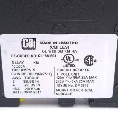 New – Open box CBI QL-1(13)-DM-KM-4A QL18KM04 Circuit Breaker, 1-Pole, 240VAC 4A, DIN Rail