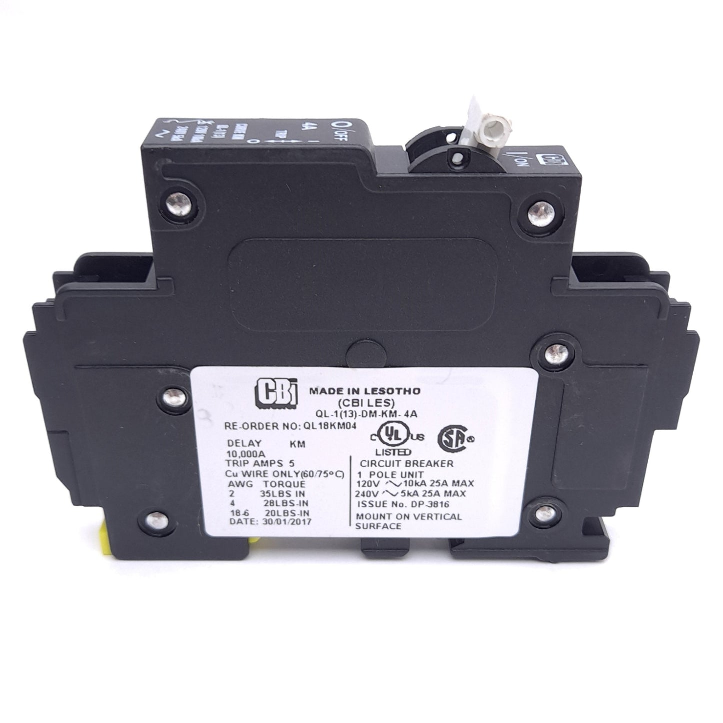 New – Open box CBI QL-1(13)-DM-KM-4A QL18KM04 Circuit Breaker, 1-Pole, 240VAC 4A, DIN Rail