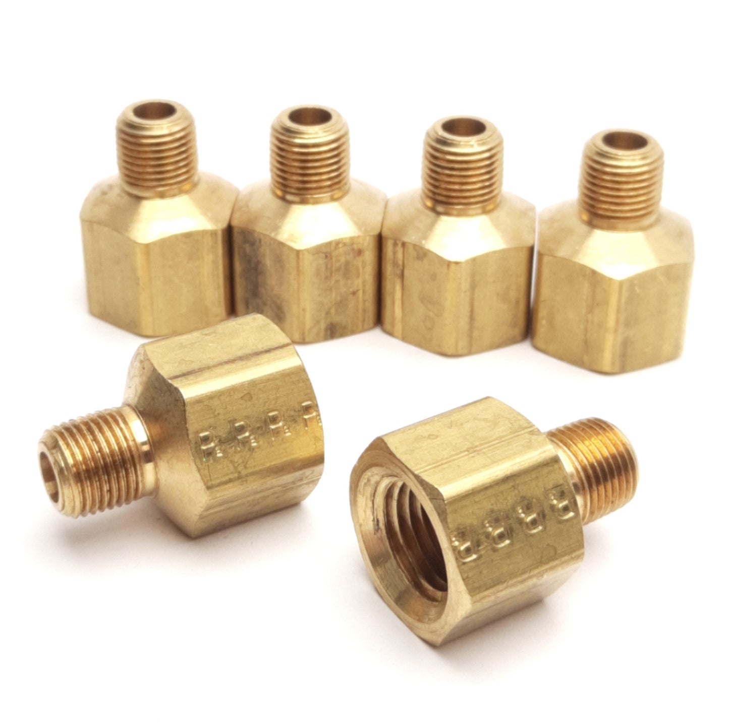 Used Lot of 6 Parker 222P-4-2 Brass Dryseal Adapters, 1/4" F to 1/8" M, SAEJ531/530
