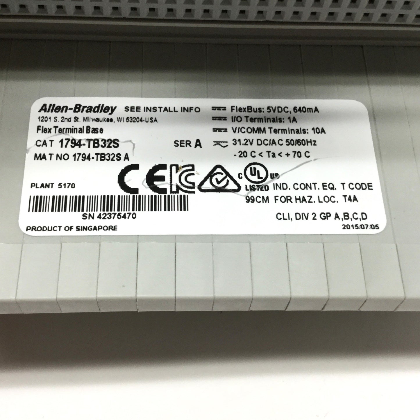 Used Allen Bradley 1794-TB32S FLEX Spring Clamp Terminal Base Unit 32 I/O, 8 Common
