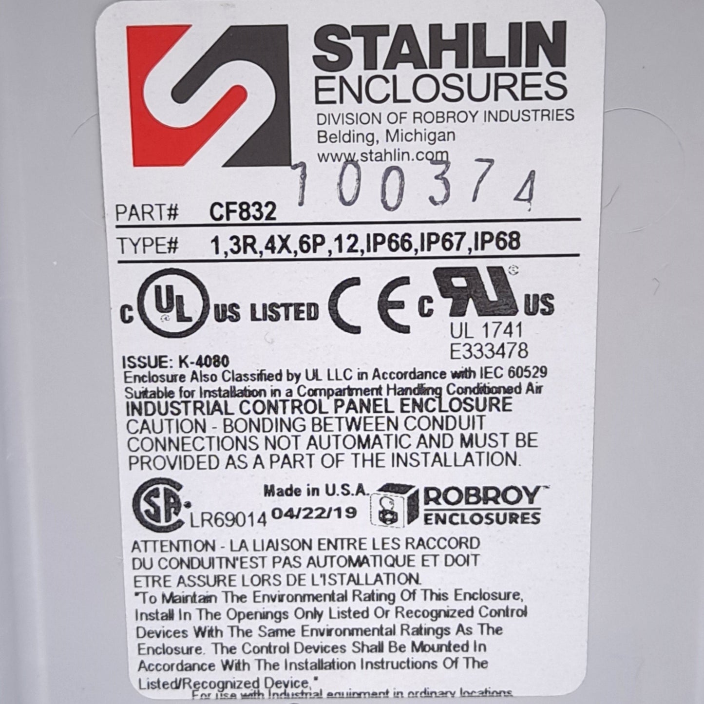New Stahlin CF832 Fiberglass Enclosure, 8in H x 3in W x 2in D, Wall Mount