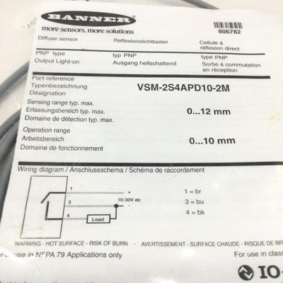 New Banner VSM-2S4APD10-2M Micro Proximity Sensor, Diffuse, PNP 10-30VDC, 10mm Range
