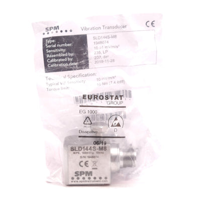 New SPM SLD144S-M8 Vibration Transducer, 10mV/m/s² Sensitivity, 10kHz, 12-24VDC