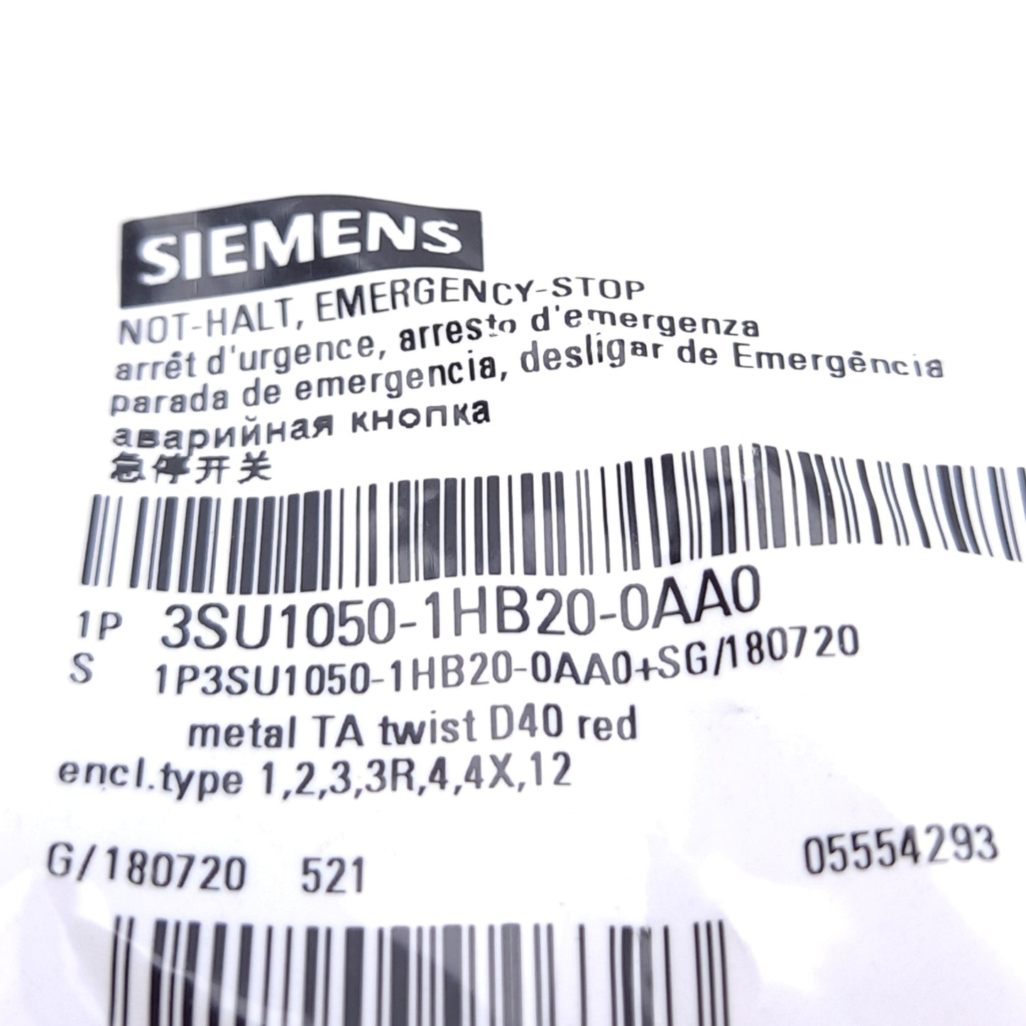 New Siemens 3SU10501HB200AA0 Emergency Stop Pushbutton, ø22mm Mounting, Latching