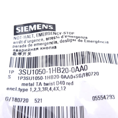 New Siemens 3SU10501HB200AA0 Emergency Stop Pushbutton, ø22mm Mounting, Latching