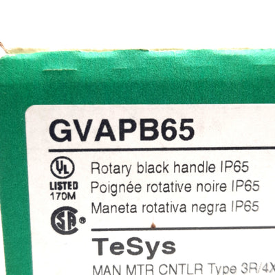 New – Open box Schneider Electric GVAPB65 Rotary Handle, TeSys, 2 Position, Black, IP65
