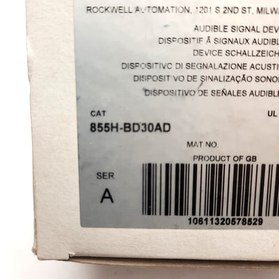 Used Allen Bradley 855H-BD30D Sounder DC, 10-30V DC, 100 dB, *No Enclosure*.