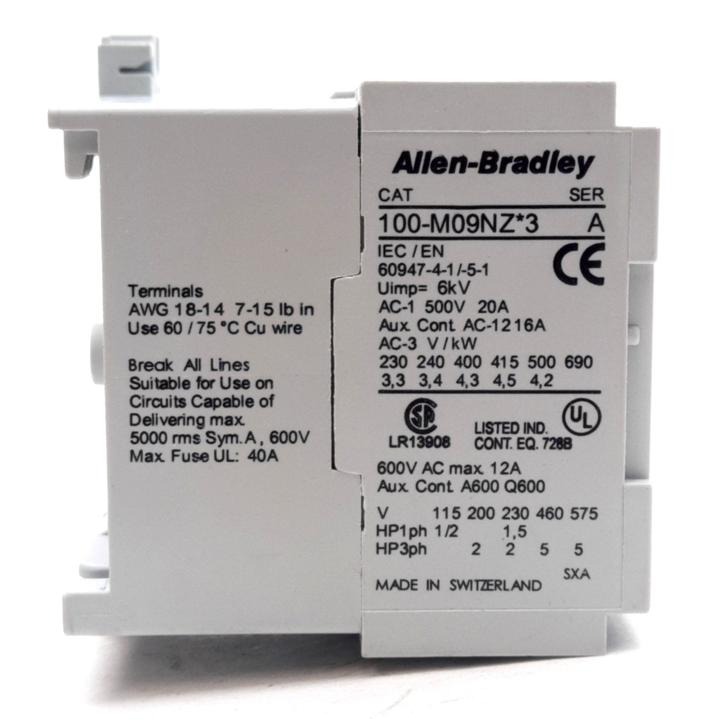 Used Allen Bradley 100-M09NZ243 Contactor Motor Starter 600VAC 12A, 24VDC Coil