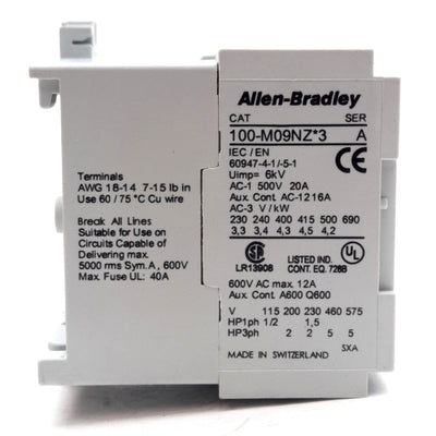 Used Allen Bradley 100-M09NZ243 Contactor Motor Starter 600VAC 12A, 24VDC Coil