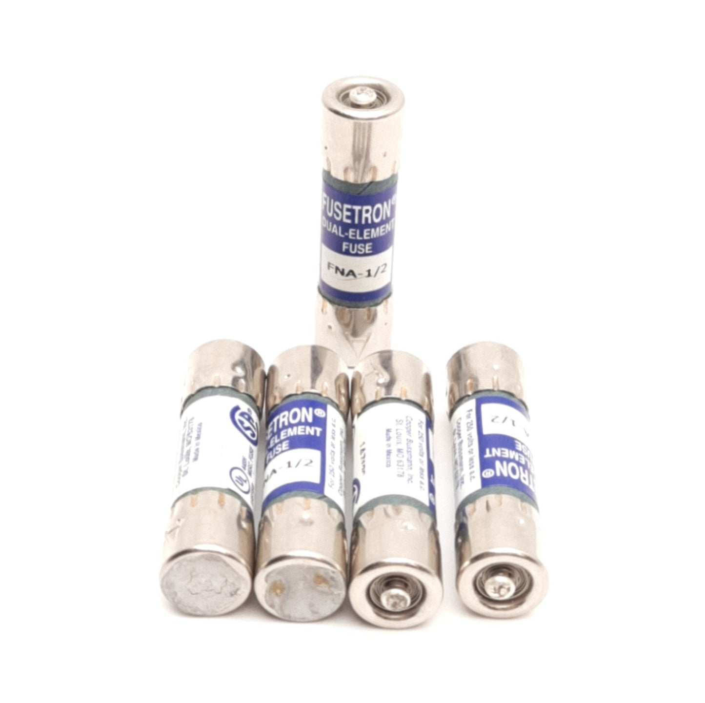 New – Open box Lot of 5 Fusetron FNA-1/2 Pin Indicator Fuses, 0.5A 250VAC, ø0.406in x 1.50in