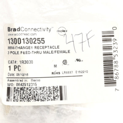 New Brad Connectivity 1300130255 Pass Thru Connector, Mini-Change 3-Pole, M-F