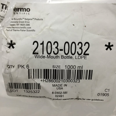 New Pack of 6 Thermo Scientific Nalgene 2103-0032 Wide-Mouth Bottles, 1-Liter, LDPE