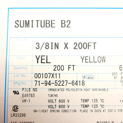 New Sumitomo B2 3/8 YELLOW SPL Heat Shrink Tubing, 3/8in ID, 2:1, 90°C Shrink, 200ft