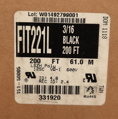 New Alpha Wire F221L3/16BK004 Heat Shrink Tubing 2:1 Shrink, 0.187in ID, 200Ft