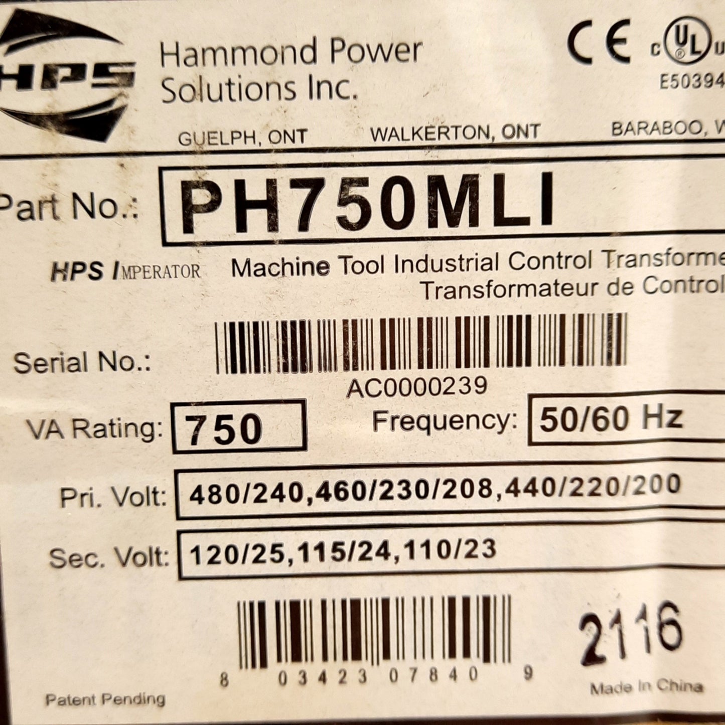 New Hammond Power PH750MLI Transformer 750VA 480/240VAC Primary 120/25VAC Secondary