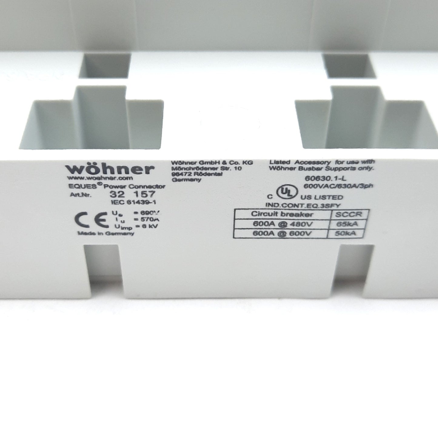 New Wohner 32157.000 EQUES 60Classic Busbar Adapter 570A 690VAC 3-Pole 140mm x 270mm
