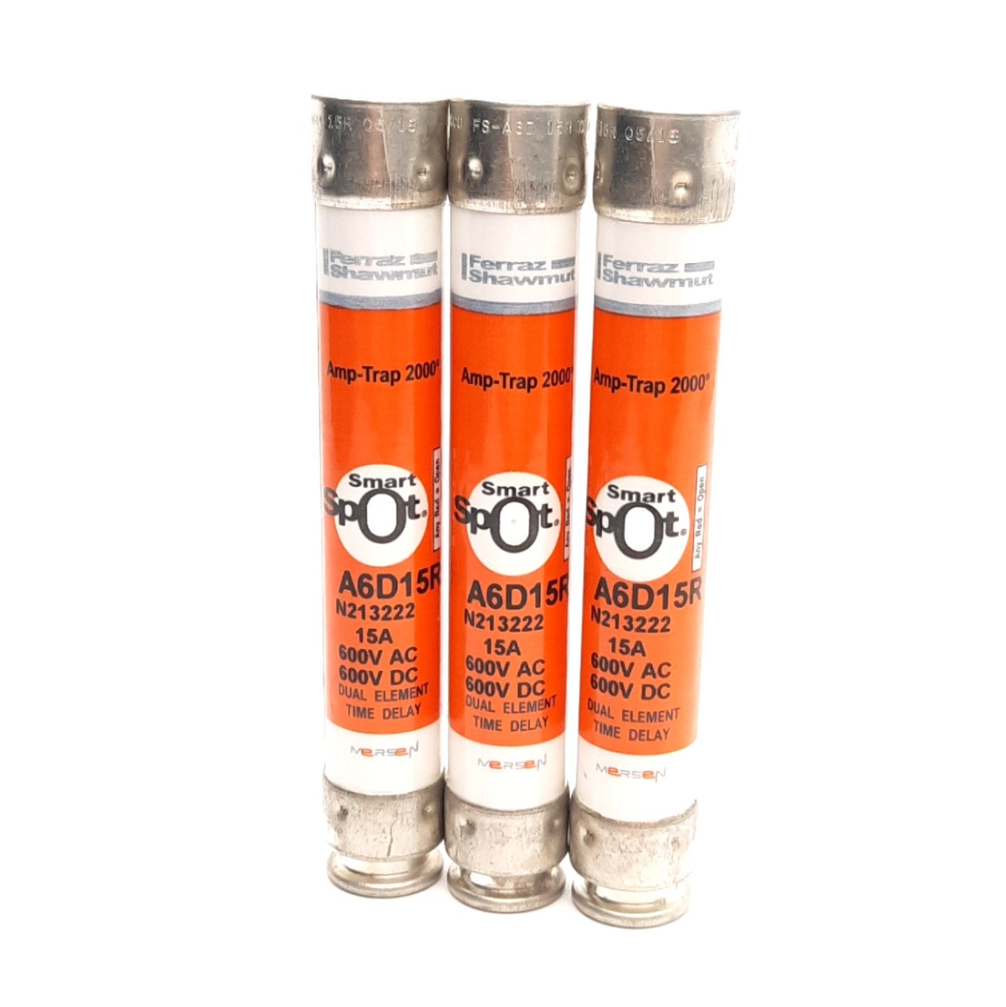 New – Open box Lot of 3 Mersen A6D15R Amp Trap Smart Spot Fuses, RK1, 15A 600VAC/DC