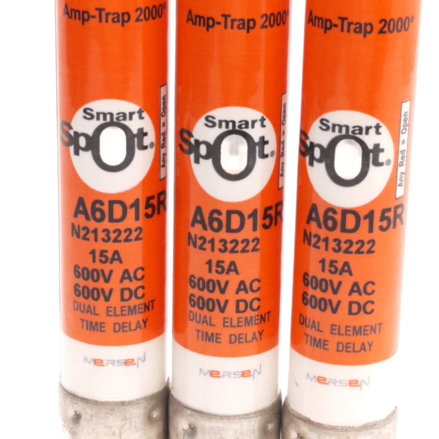 New – Open box Lot of 3 Mersen A6D15R Amp Trap Smart Spot Fuses, RK1, 15A 600VAC/DC