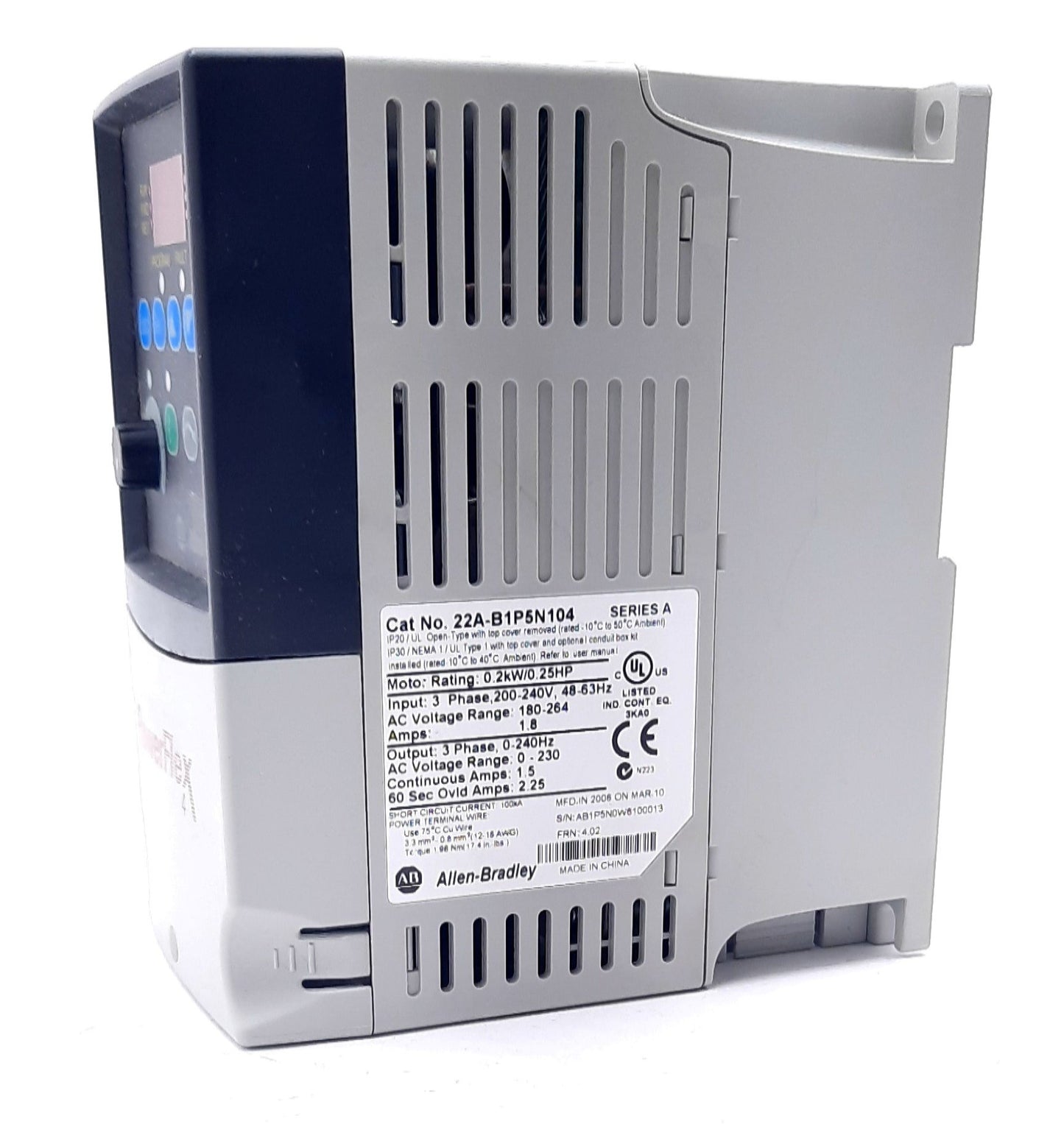 Used Allen Bradley 22A-B1P5N104 Ser A PowerFlex AC Drive, 0.25HP, 180-264VAC 3-Ph