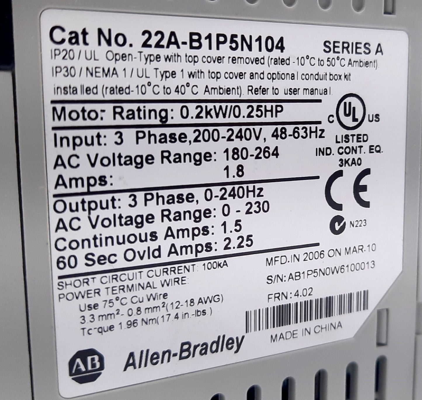 Used Allen Bradley 22A-B1P5N104 Ser A PowerFlex AC Drive, 0.25HP, 180-264VAC 3-Ph