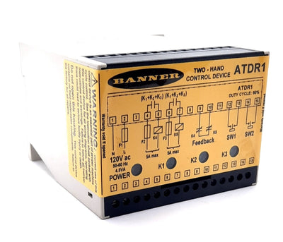 Used Banner ATDR1 Two-Hand Control Safety Relay Device, 120VAC 50/60Hz 4.5A, 15 mS