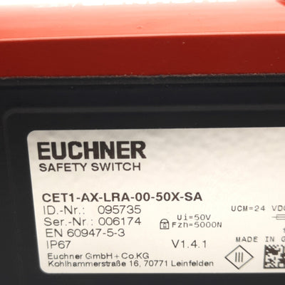 New – Open box Euchner CET1-AX-LRA-00-50X-SA Safety Switch, 24VDC, M12 8-Pin, 6500 N
