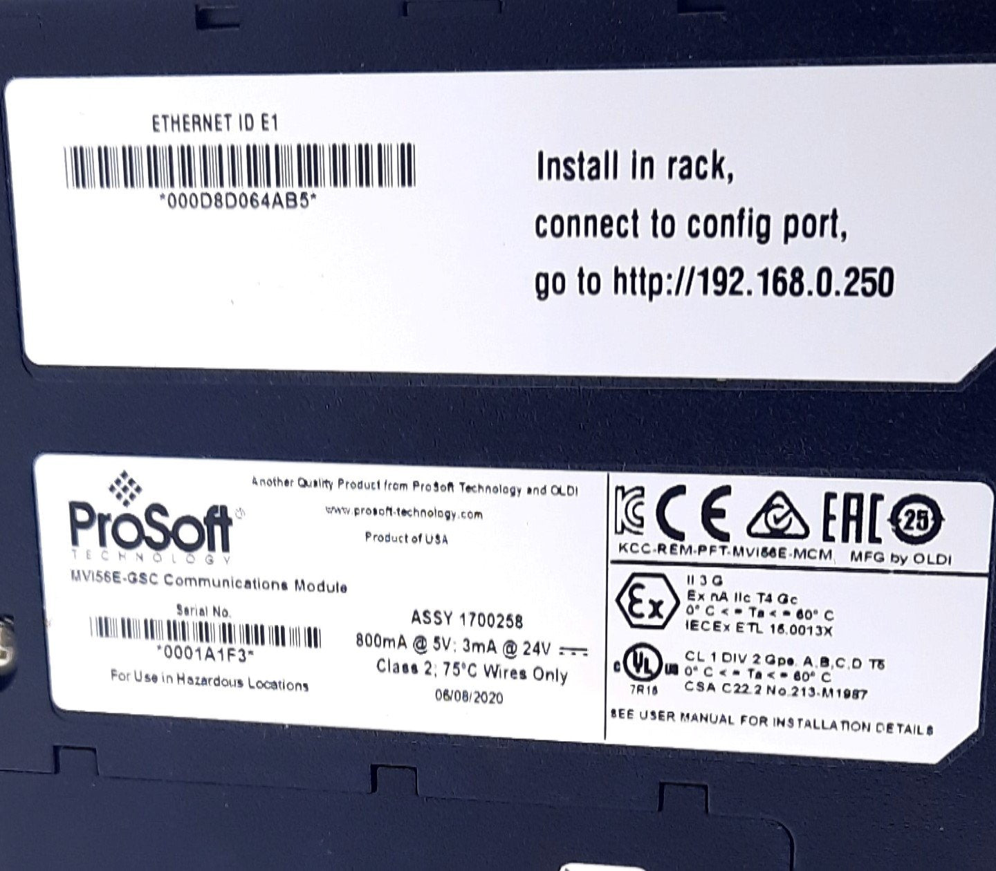 New ProSoft MVI56E-GSC Communication Module 800mA @ 5VDC, 3mA @ 24VDC
