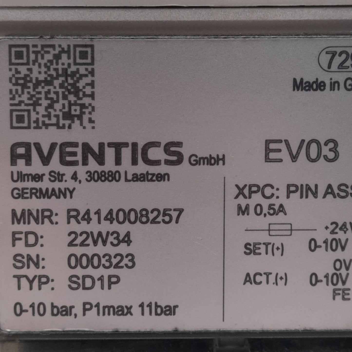 Used Aventics R414008257 EV03 Electro-Pneumatic Pressure Regulator 0.5-10bar 0-10V