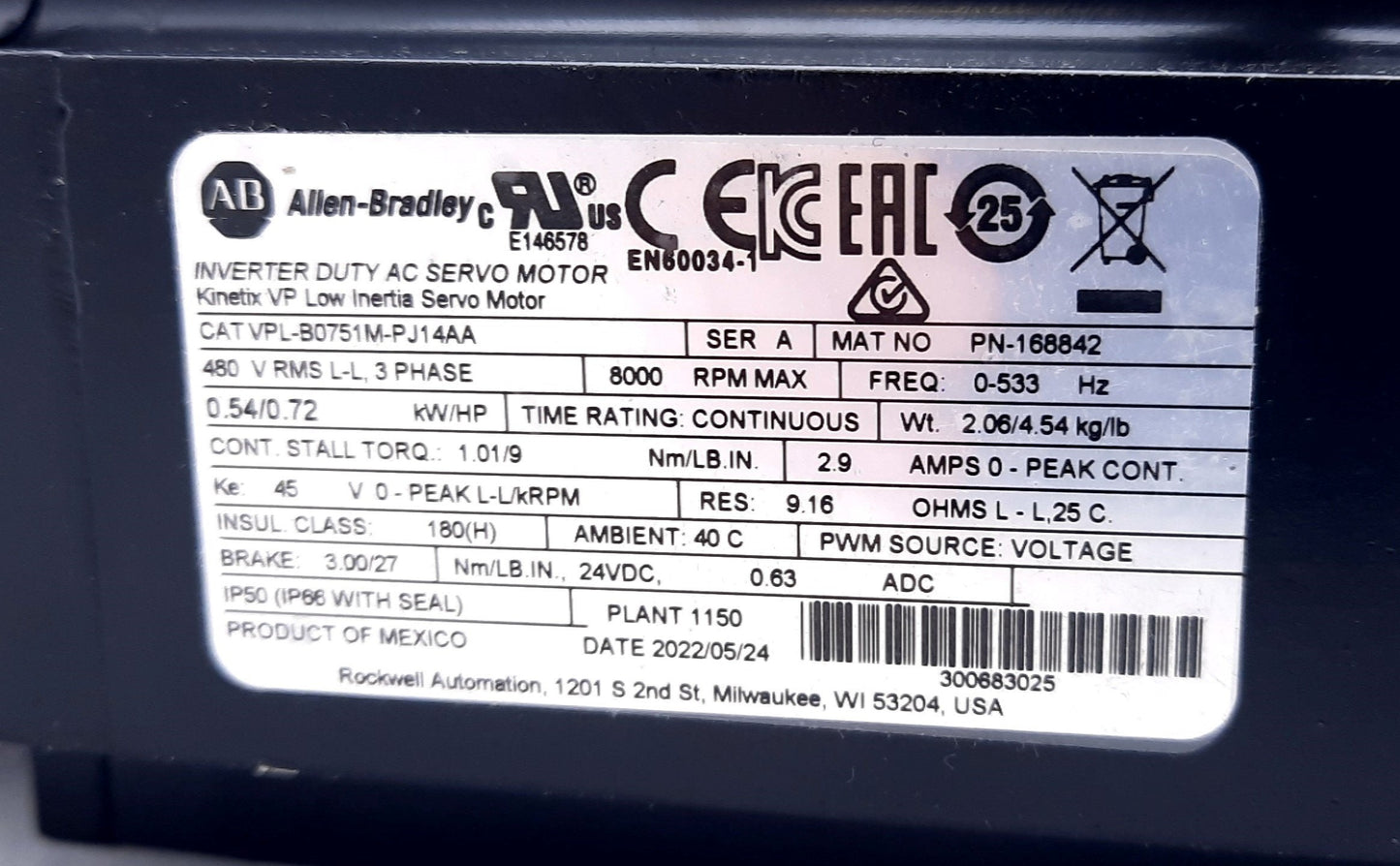 Used Allen Bradley VPL-B0751M-PJ14AA Servo Motor 3 Phase 8000rpm 24VDC 480VAC 0.63A