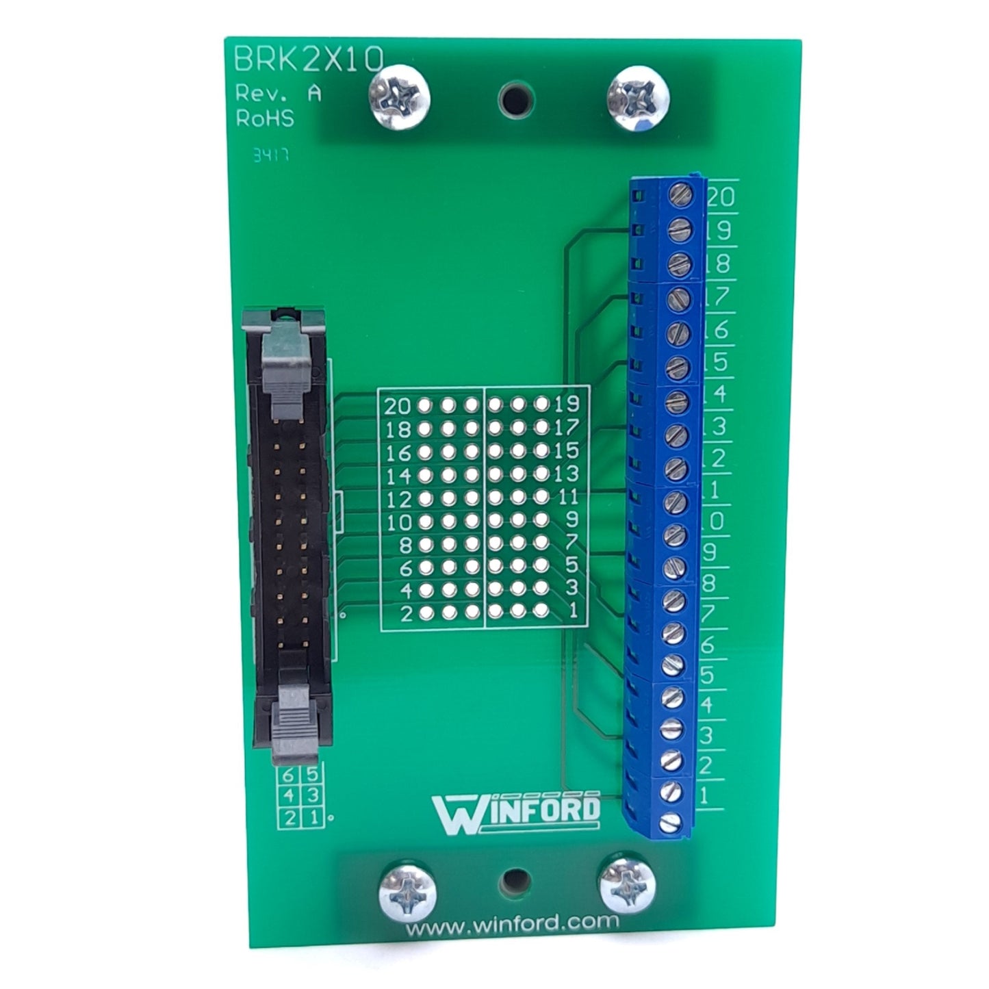 New – Open box Winford Engineering BRK2X10-L-DIN Breakout Board, IDC20 Male to Screw Terminals