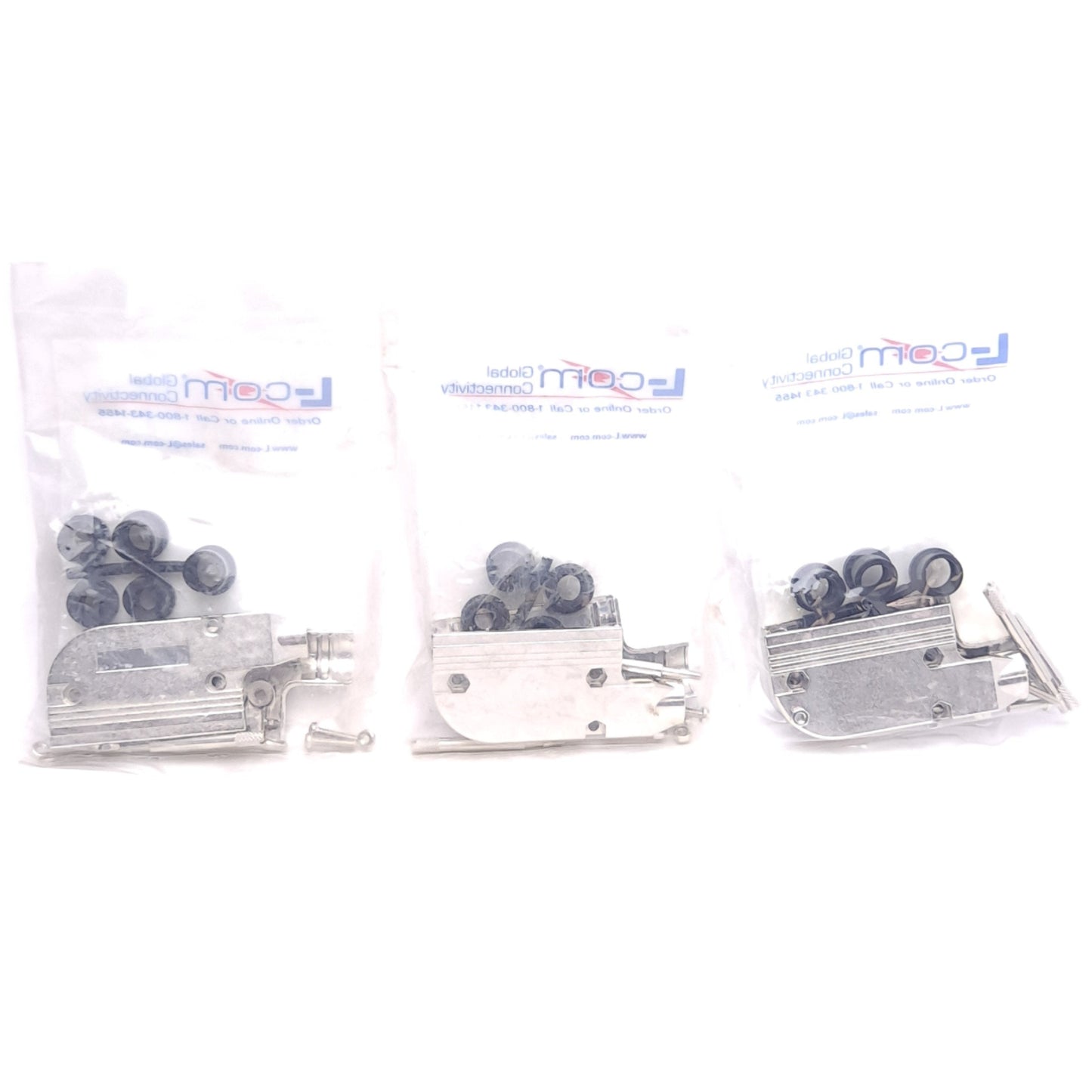 New Lot of 3 L-Com SDRA25AG Right Angle Assembled D-Sub Hood Kit, DB25/HD44