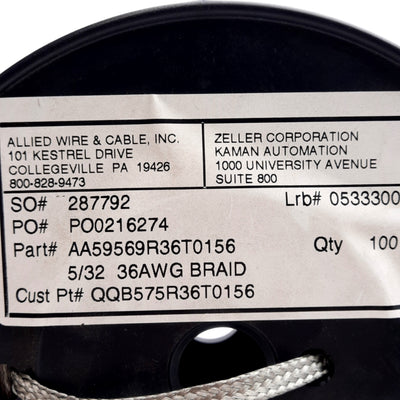 New AWC AA59569R36T0156 Tubular Braid Grounding Strap, 35.5A, 12AWG, 100ft
