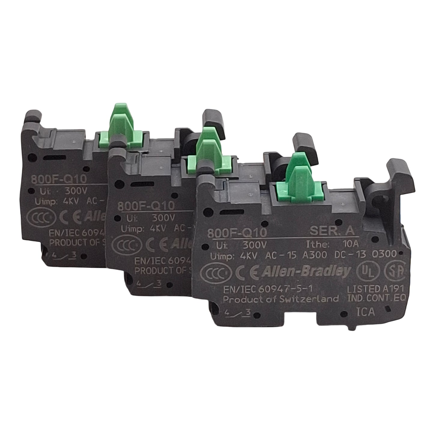 Used Lot of 3 Allen Bradley 800F-Q10 Contact Block, SPST-NO, 300V 10A, Spring Clamp