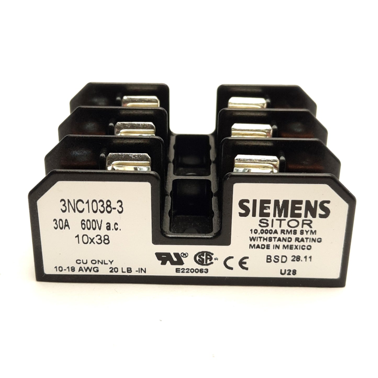Open box Siemens 3NC1038 Fuse Holder Block, 3-Pole, 600VAC 30A, Miget Fuse 10x38mm