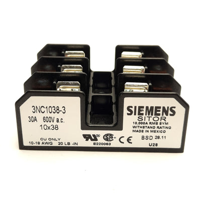 Open box Siemens 3NC1038 Fuse Holder Block, 3-Pole, 600VAC 30A, Miget Fuse 10x38mm
