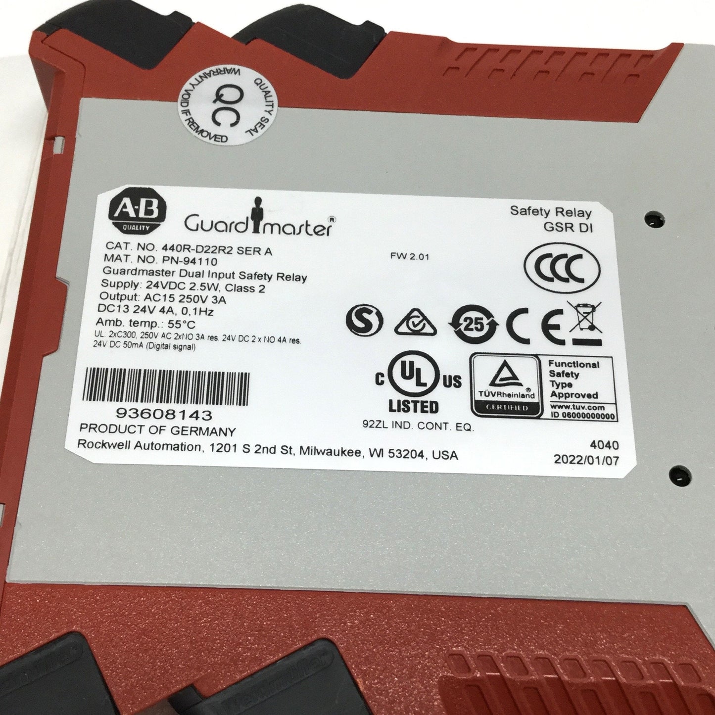 Used Allen Bradley 440R-D22R2 Guardmaster GSR DI Dual-Channel Input Safety Mat Relay