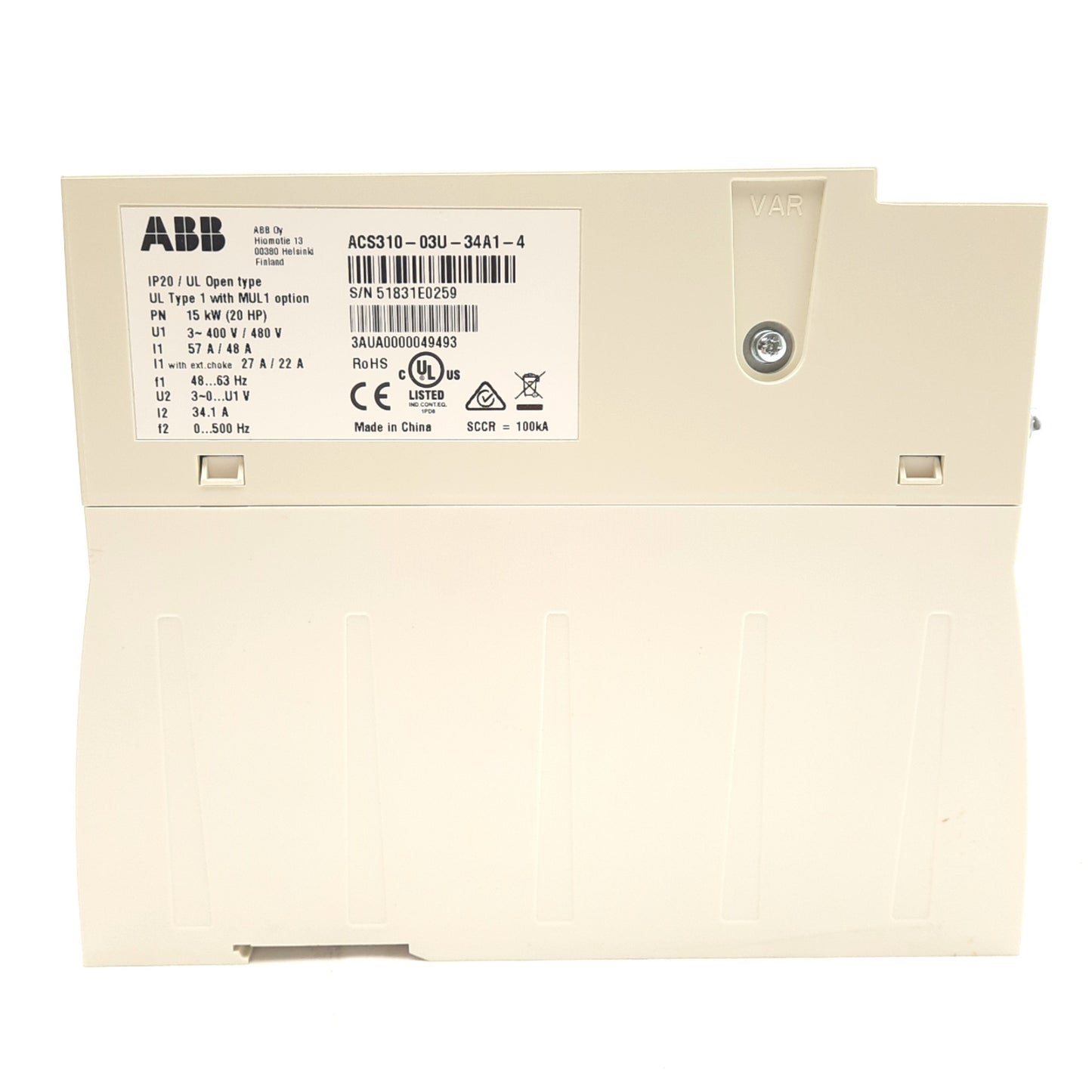 New – Open box ABB ACS310-03U-34A1-4 Variable Frequency AC Drive, 0-500Hz, 20HP, 3Ø 400/480VAC