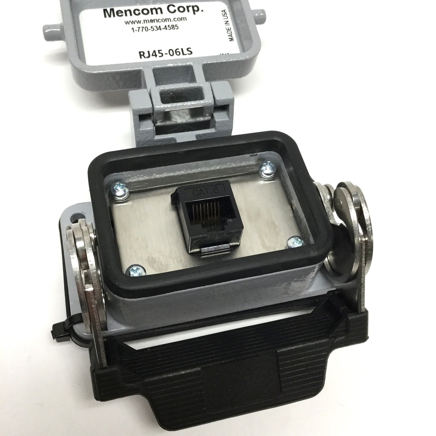 Used Mencom DP-RJ45-R-32 Panel Outlet, 120V Duplex, Size 32 Bulkhead, 3 Amp Reset