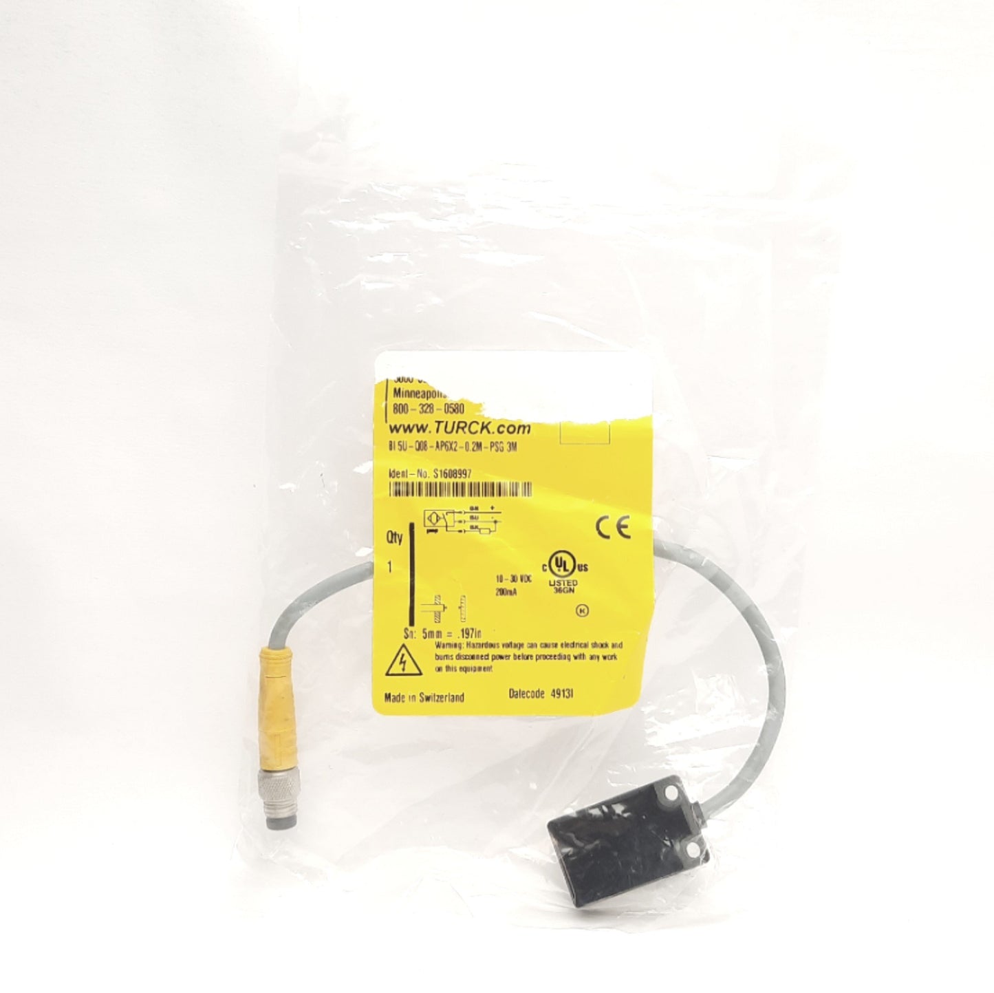 New Turck BI5-Q08-AP6X2-0.2M-PSG3M 1608997 Inductive Sensor 10-30VDC, NO PNP, 5mm Sn