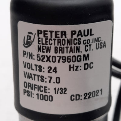 New Peter Paul 52X07960GM Solenoid Valve 2-Way NC ø1/32in, 1000PSI, 1/8in NPT, 24VDC