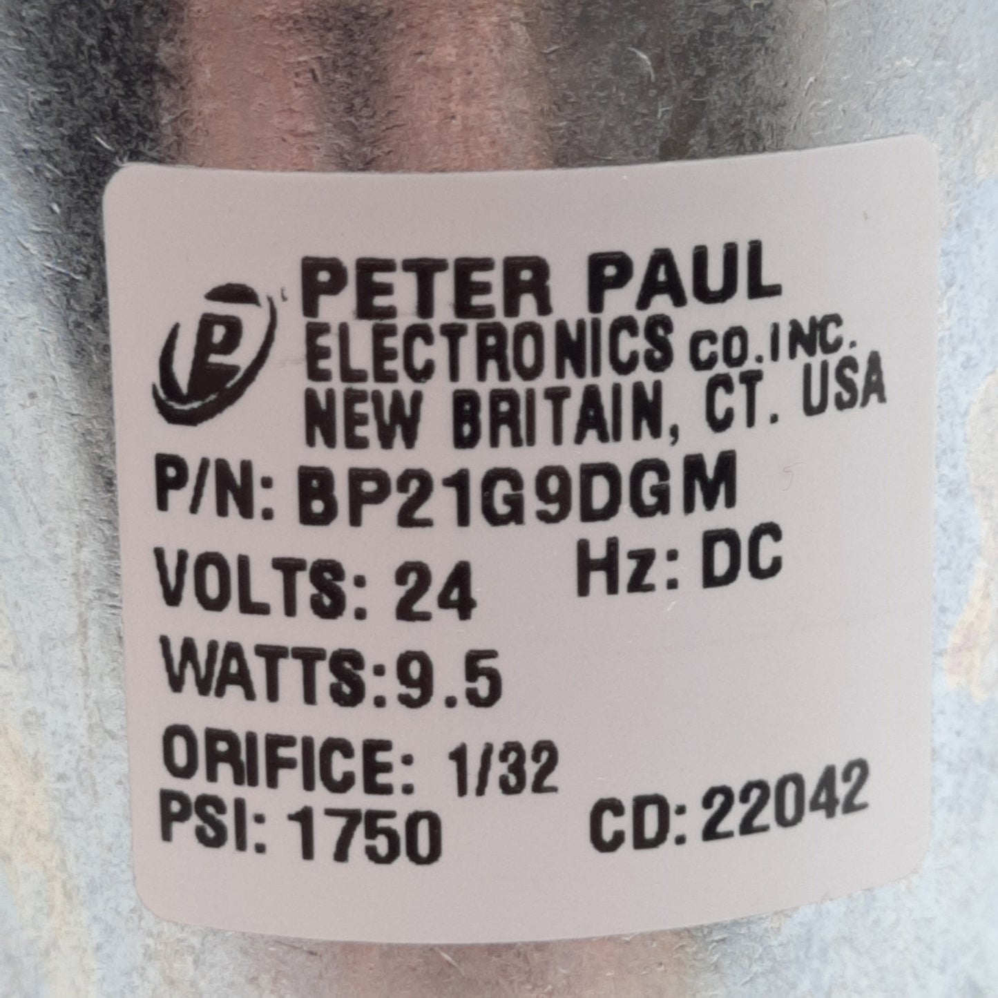 New Peter Paul BP21G9DGM Solenoid Valve 2-Way NO, ø1/32in, 1750PSI, 1/4in NPT, 24VDC