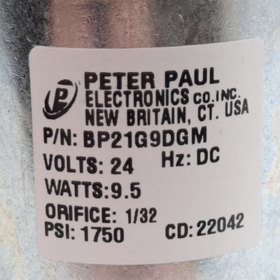 New Peter Paul BP21G9DGM Solenoid Valve 2-Way NO, ø1/32in, 1750PSI, 1/4in NPT, 24VDC