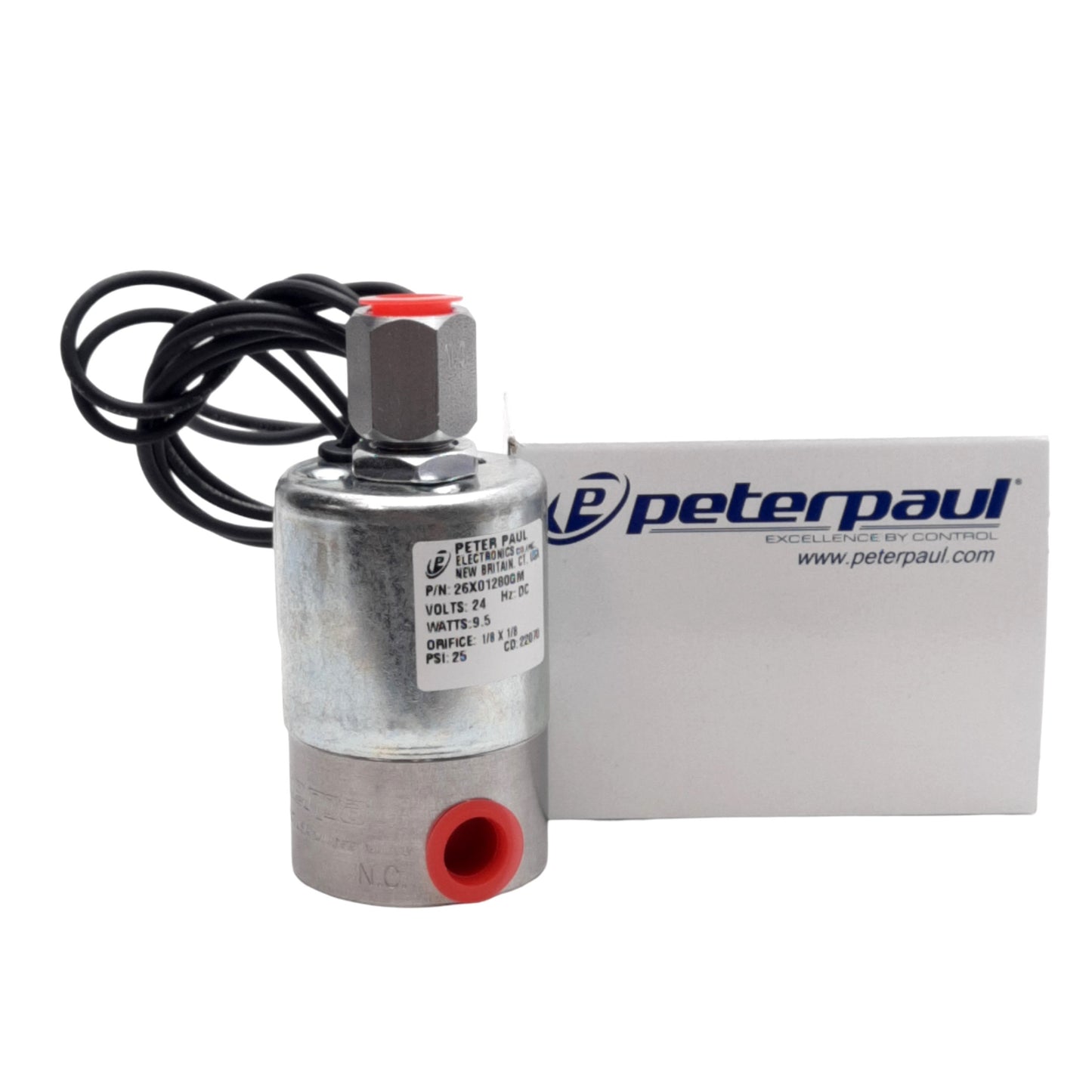 New Peter Paul 26X01280GM Solenoid Valve 3WMP, ø1/8 x 1/8in, 25PSI, 1/4in NPT, 24VDC