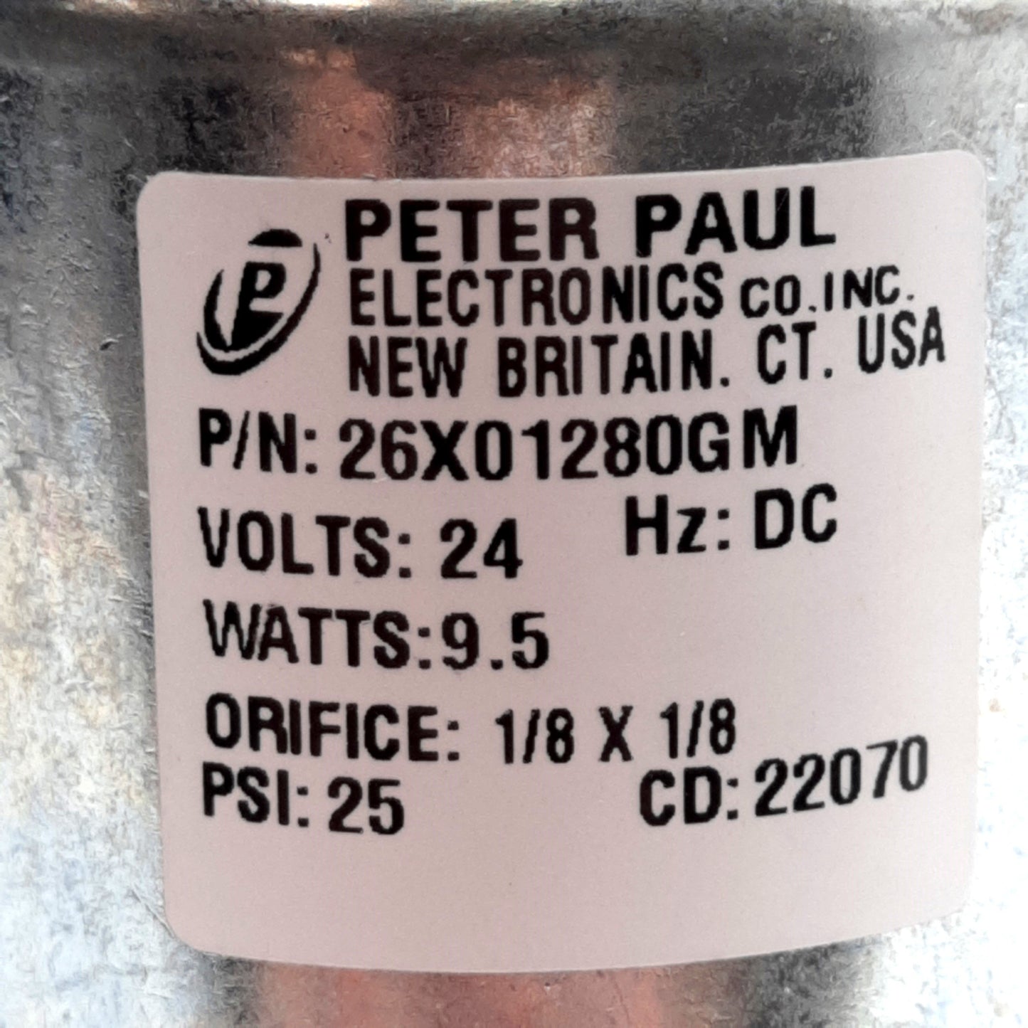New Peter Paul 26X01280GM Solenoid Valve 3WMP, ø1/8 x 1/8in, 25PSI, 1/4in NPT, 24VDC